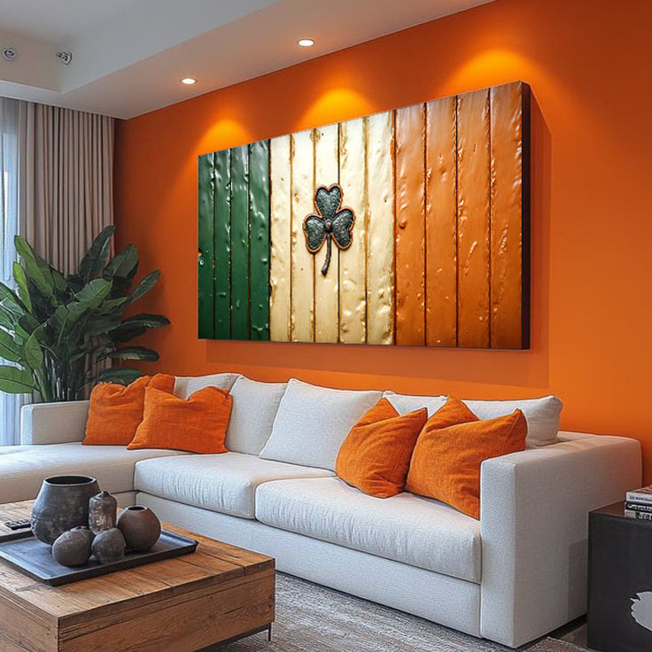 Irish Shamrock Glory Flag Wall Art II canvas with green white orange planks and shamrock center on Tampa Home & Garden Store
