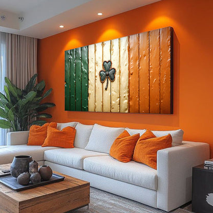 Irish Shamrock Glory Flag Wall Art II canvas with green white orange planks and shamrock center on Tampa Home & Garden Store