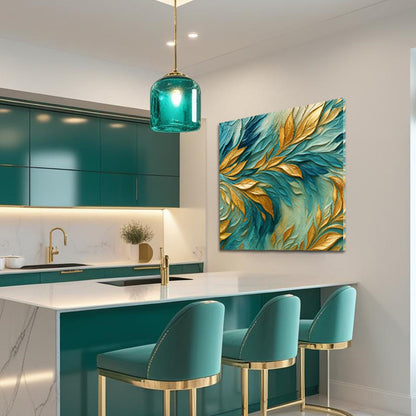 Abstract Gold And Blue Frosty Wall Art canvas by Tailored Canvases; blue and gold leaf on Tampa Home & Garden Store