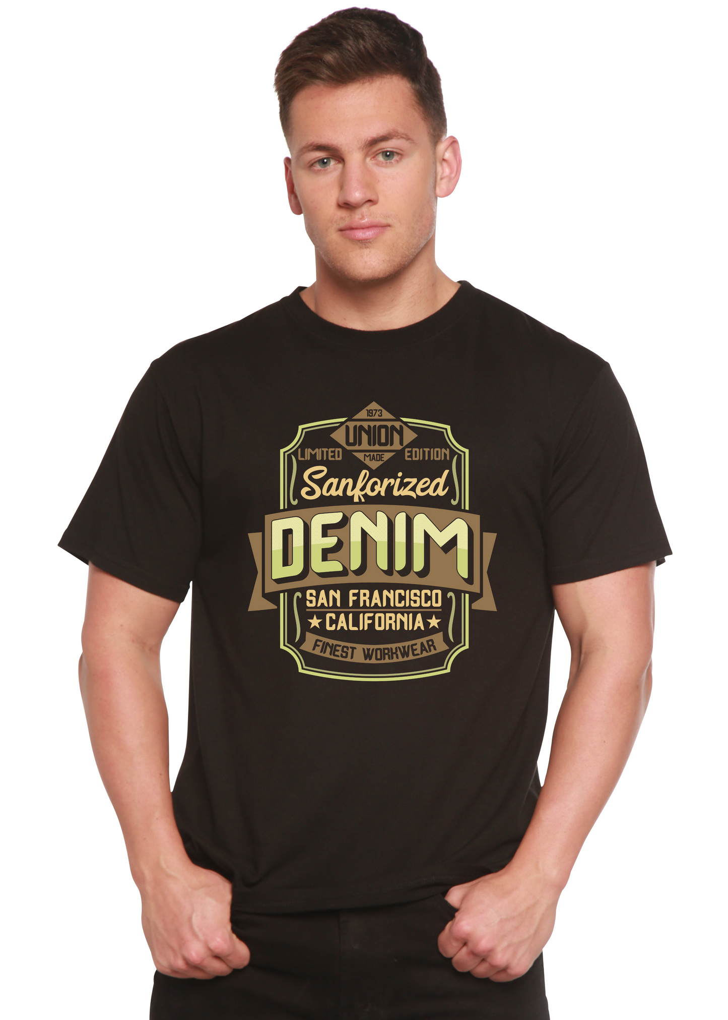 Black men's Sanforized Denim graphic T-shirt with beige/olive badge design by Spun Bamboo on Tampa Home & Garden Store