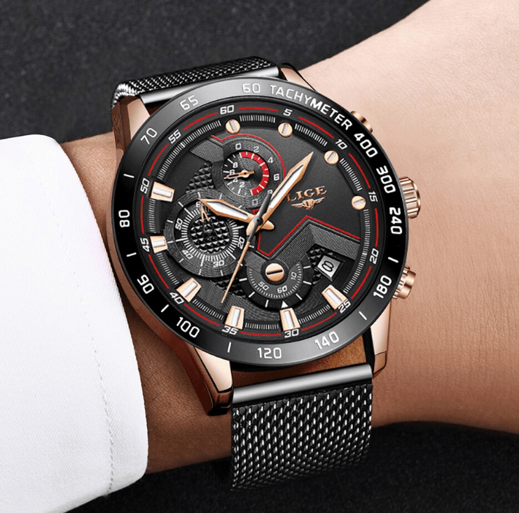 Stevvex men's sports waterproof watch with stainless steel mesh bracelet rose-gold case on Tampa Home & Garden Store