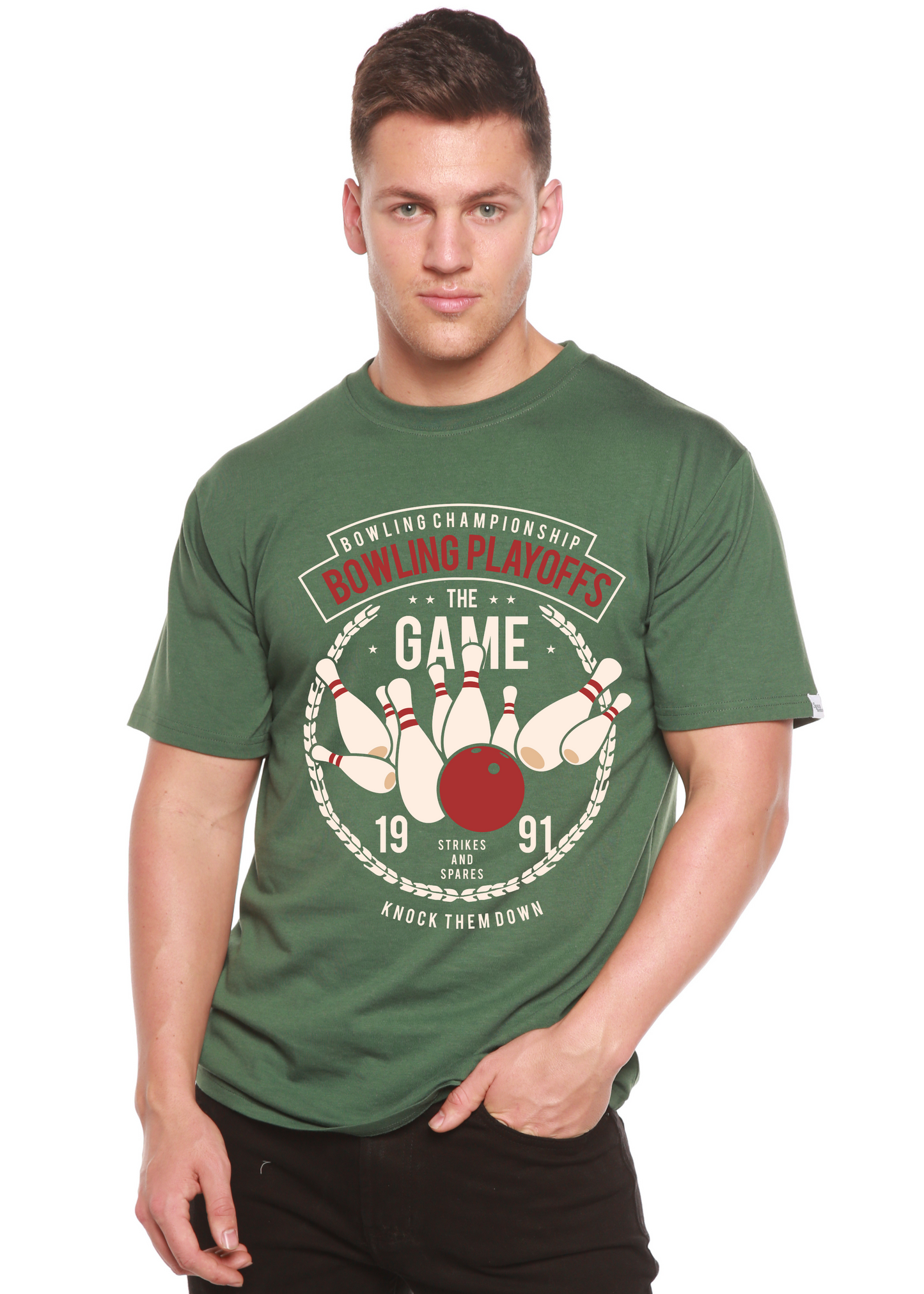 Bowling Playoffs men's graphic tee in green bamboo viscose/organic cotton by Spun Bamboo on Tampa Home & Garden Store