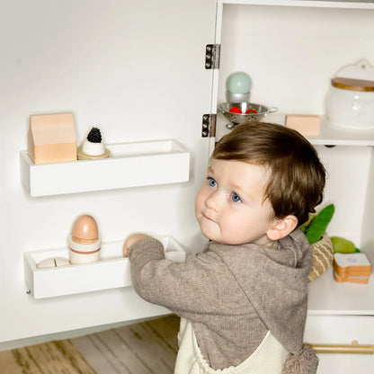 Tiny Land Play Kitchen Fridge wooden white cabinet with shelves and toy foods toddler at play on Tampa Home & Garden Store