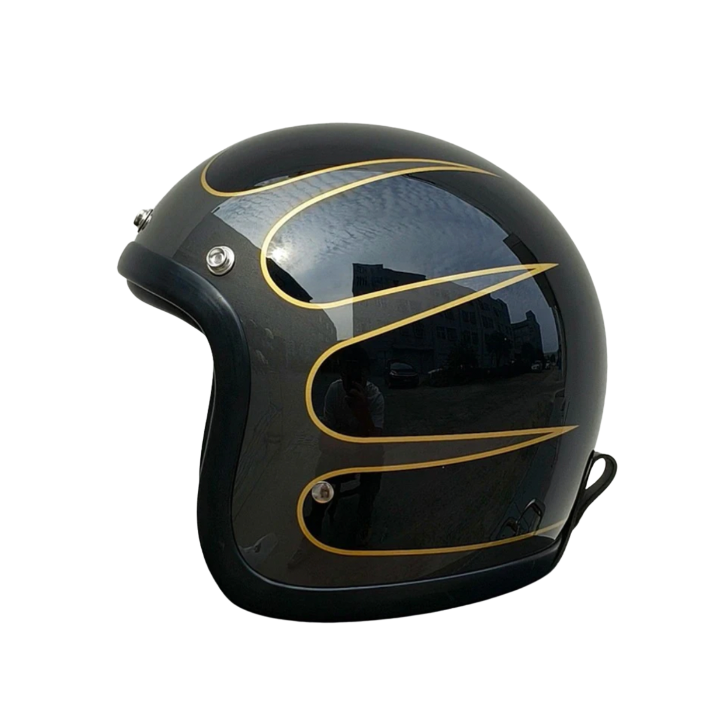Chopper low-profile vintage helmet in black with gold flame pinstripe and visor by BikerZoneZ on Tampa Home & Garden Store