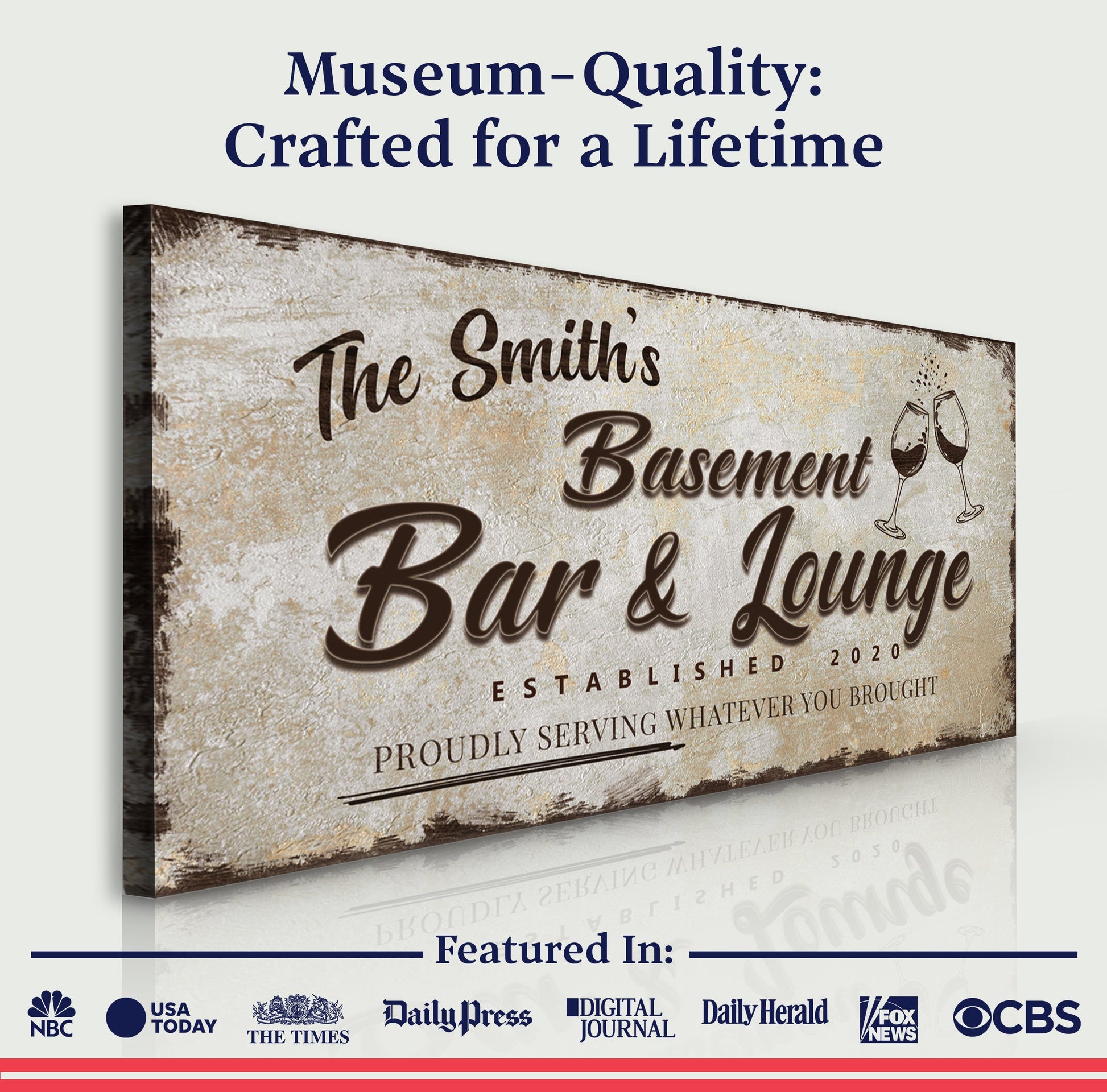 Basement Bar & Lounge Sign II canvas; distressed beige with brown script and wine-glass motif on Tampa Home & Garden Store