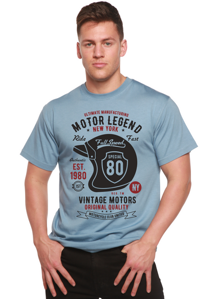 Motor Legend Helmet graphic men's T-shirt by Spun Bamboo, light blue bamboo viscose/organic cotton on Tampa Home & Garden Store