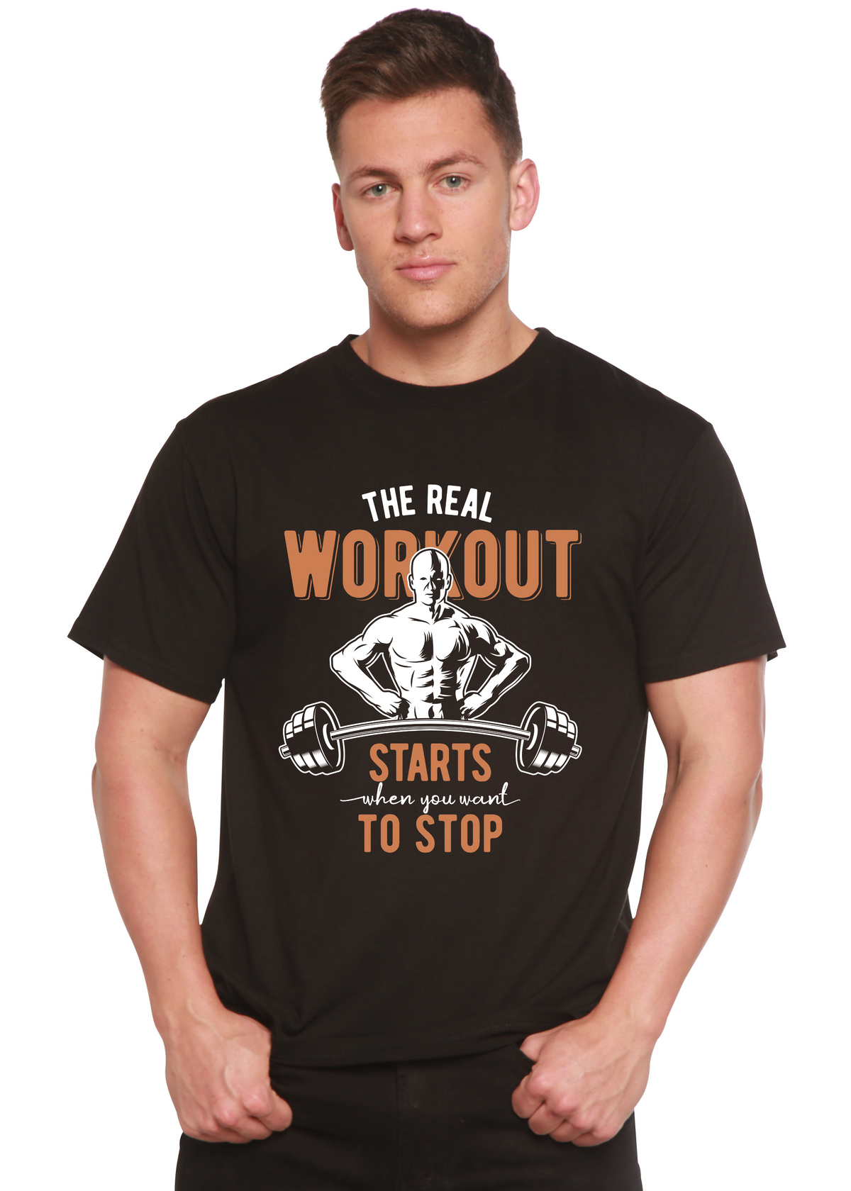 The Real Workout men's bamboo viscose/organic cotton graphic tee in black with orange workout art on Tampa Home & Garden Store