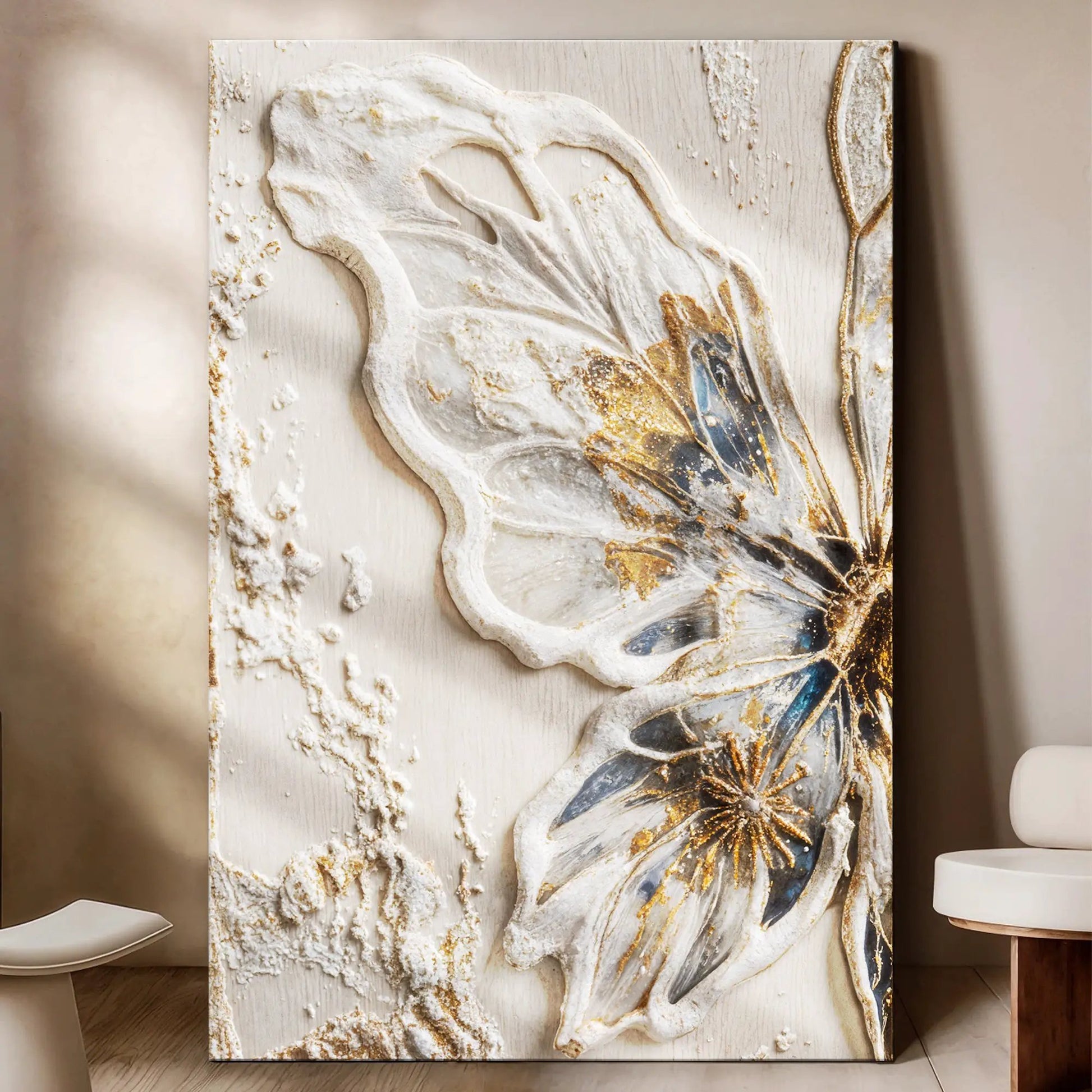 Half Butterfly Wall Art canvas by Tailored Canvases, white butterfly wing relief on light wood on Tampa Home & Garden Store