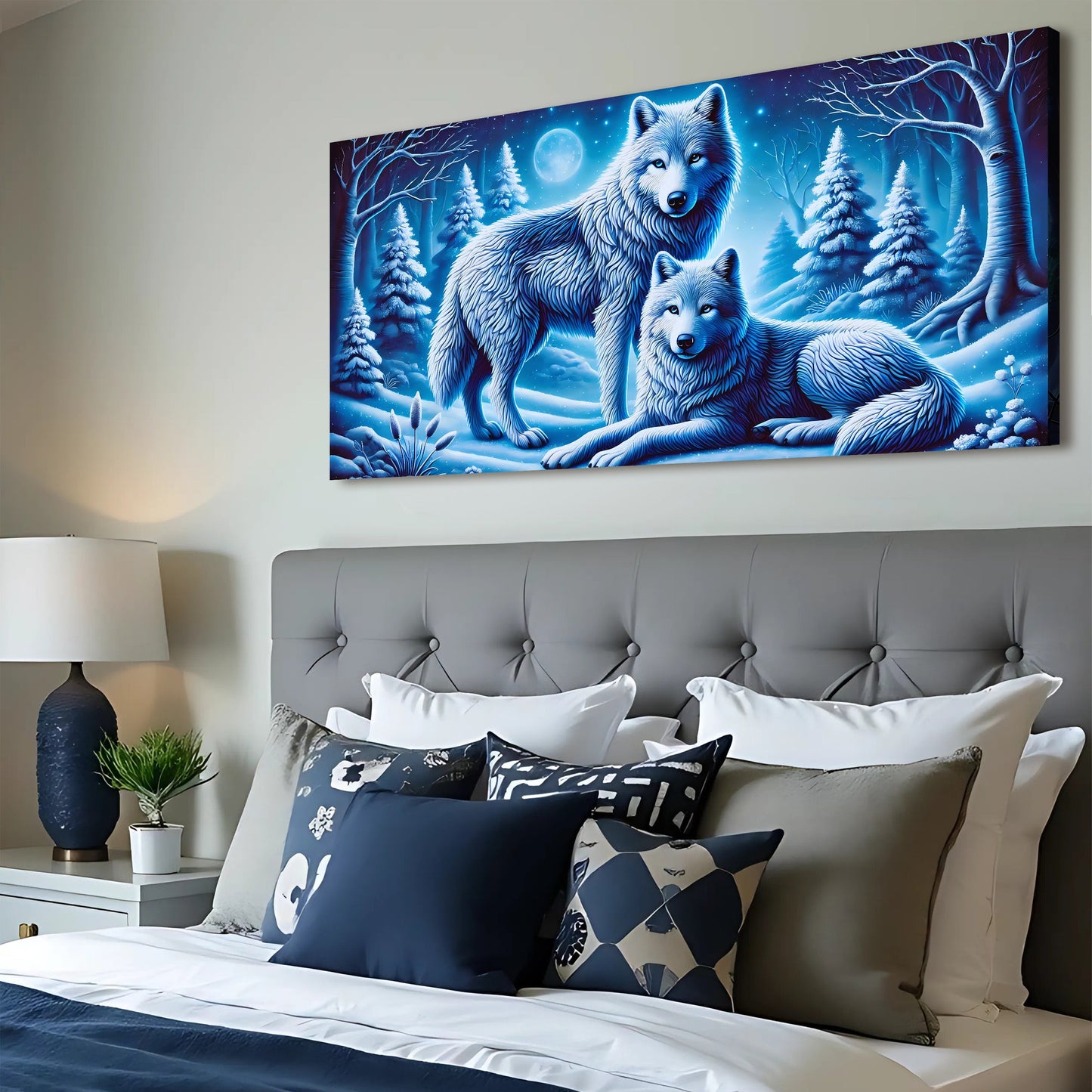 3D Wolves Wall Art II canvas featuring blue winter wolves by Tailored Canvases on Tampa Home & Garden Store