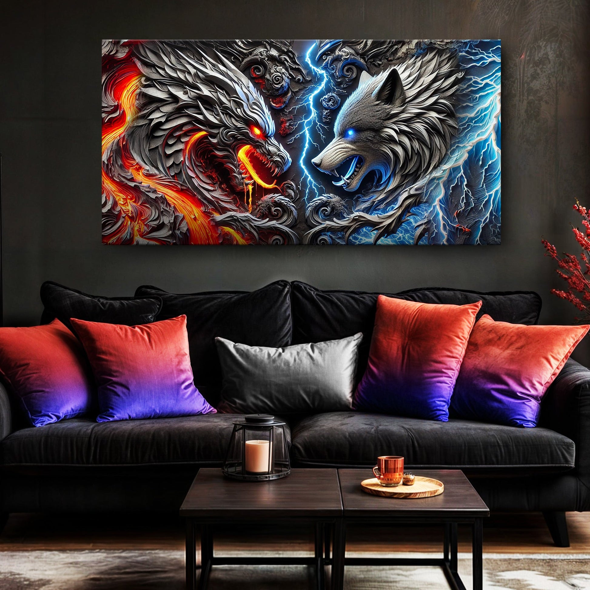 3D Dragon and Wolf Wall Art IV canvas featuring dragon vs wolf with fiery blue lightning on Tampa Home & Garden Store