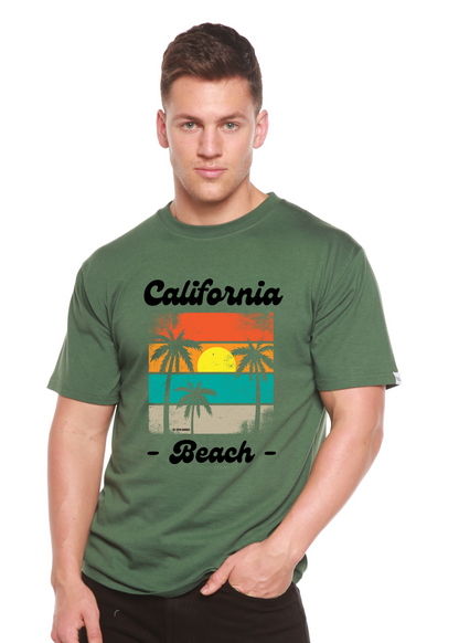 California Beach bamboo tee with palm sunset, green, Spun Bamboo on Tampa Home & Garden Store