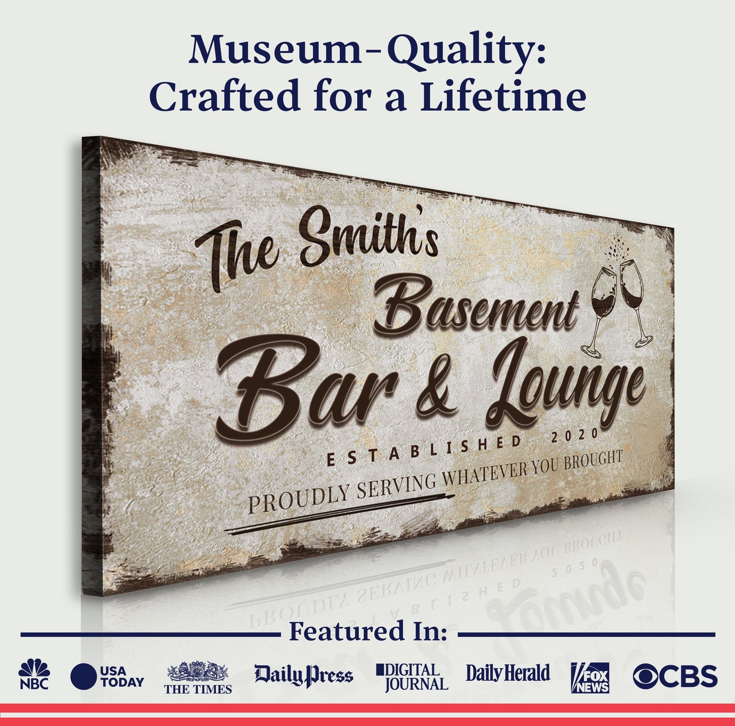 Canvas personalized basement bar sign featuring The Smiths in script with wine glass accents on Tampa Home & Garden Store