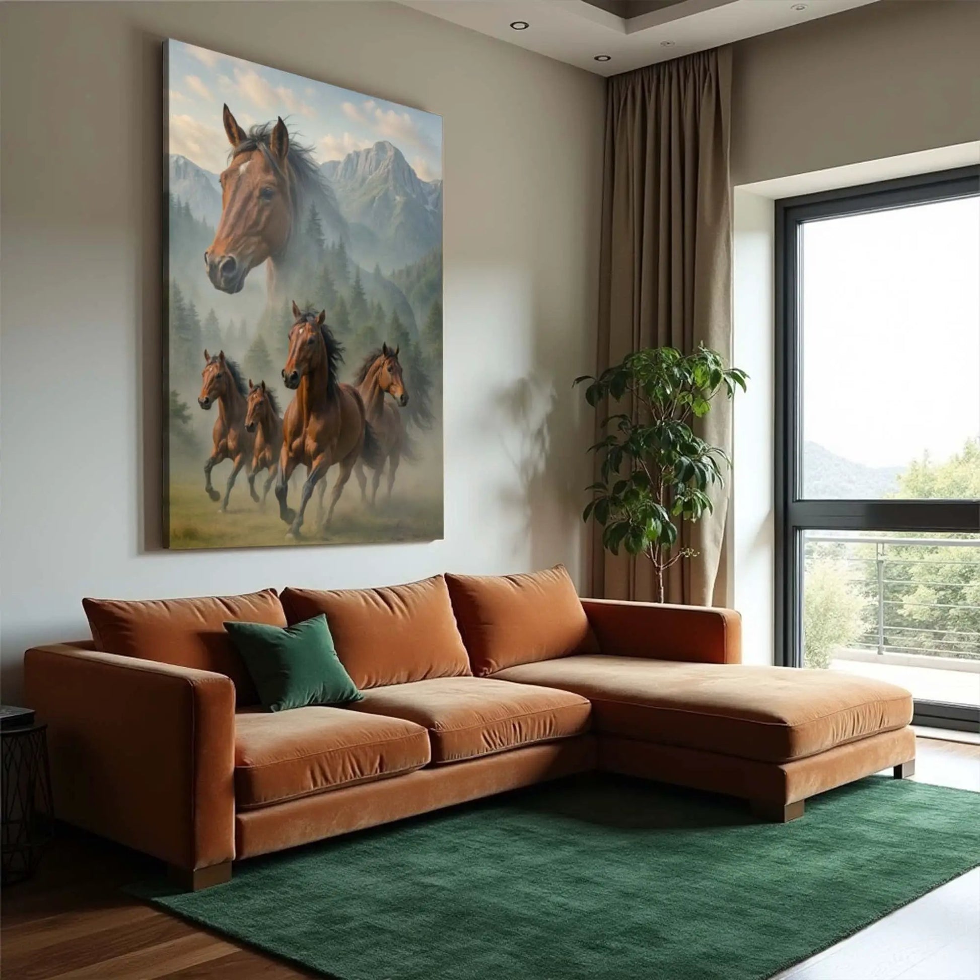 Galloping Horse Double Exposure Wall Art canvas with brown horses and mountain backdrop on Tampa Home & Garden Store