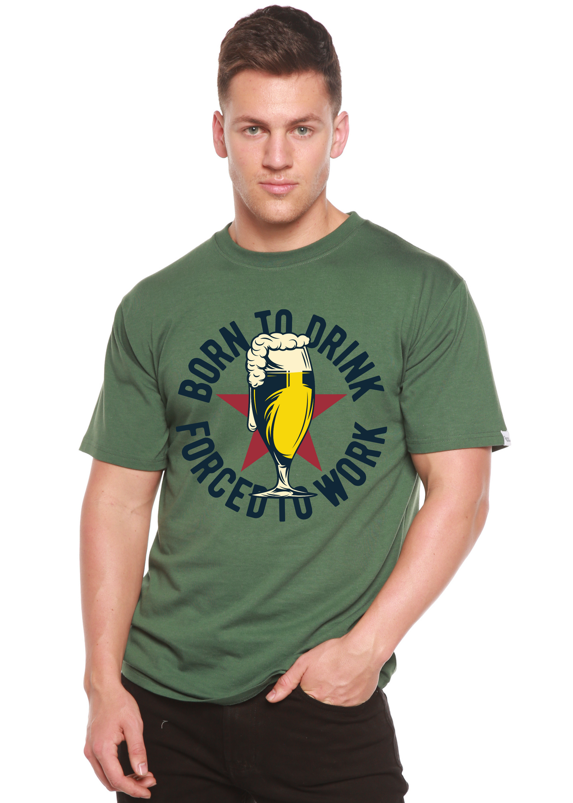 Born to Drink men's bamboo viscose/organic cotton tee green with beer glass print by Spun Bamboo on Tampa Home & Garden Store
