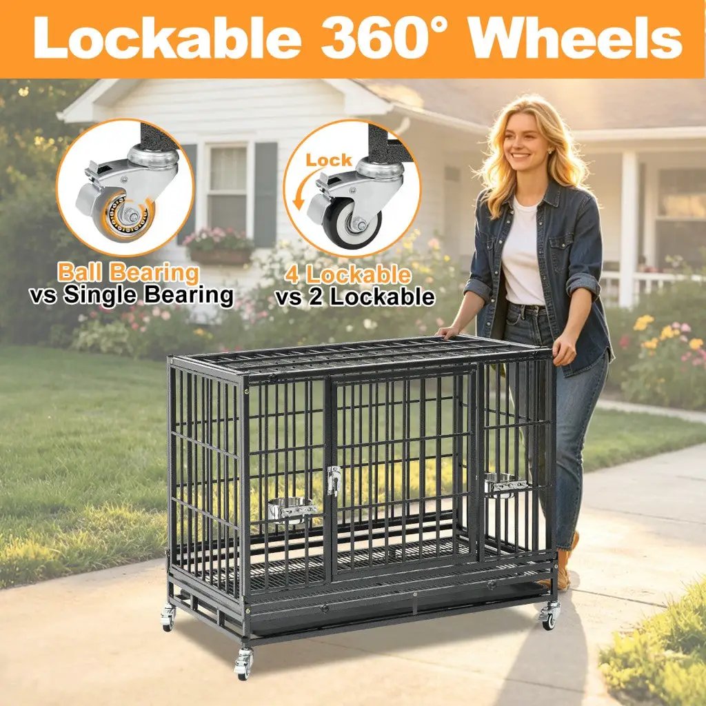 37 Inch Stackable Heavy Duty Dog Crate black metal with lockable 360 degree wheels on Tampa Home & Garden Store