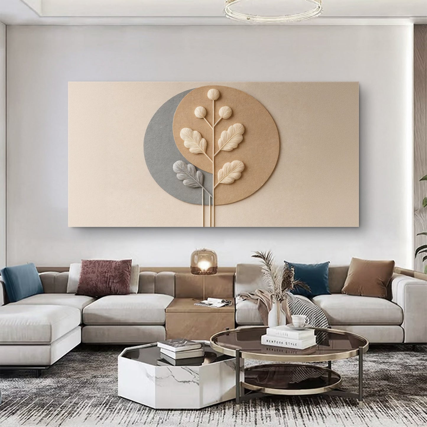 Modern Abstract Minimalist Wall Art XII canvas by Tailored Canvases with beige taupe circles on Tampa Home & Garden Store