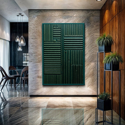 Green abstract patterns wall art canvas with teal textured geometric relief by Tailored Canvases on Tampa Home & Garden Store