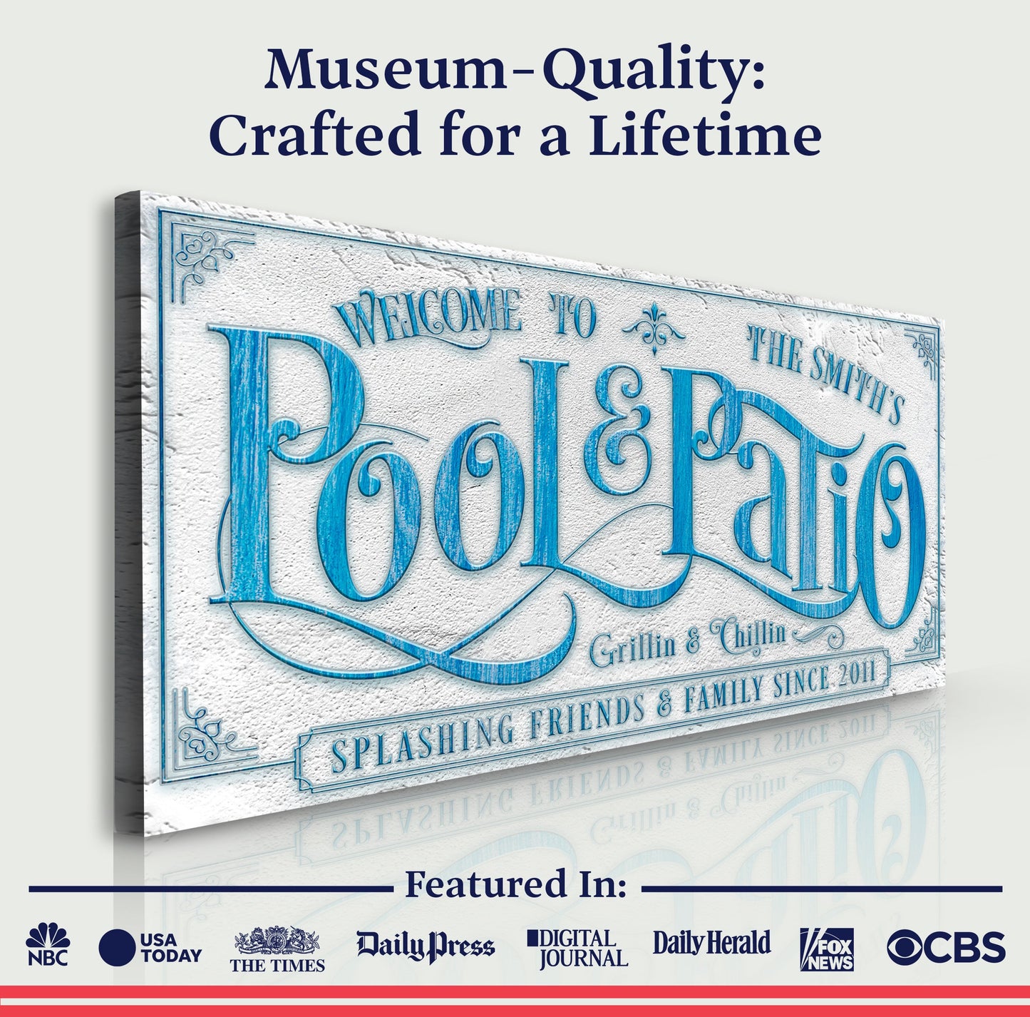 Personalized Swimming Pool Sign canvas by Tailored Canvases with blue ornate lettering on Tampa Home & Garden Store