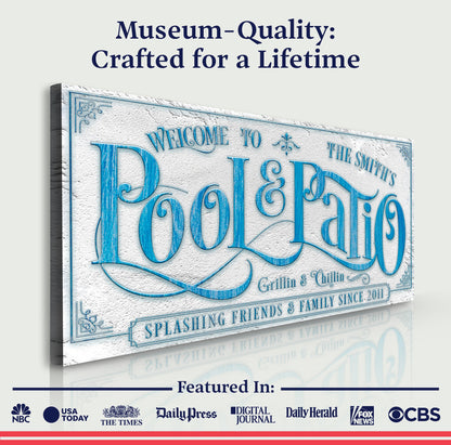 Personalized Swimming Pool Sign canvas by Tailored Canvases with blue ornate lettering on Tampa Home & Garden Store