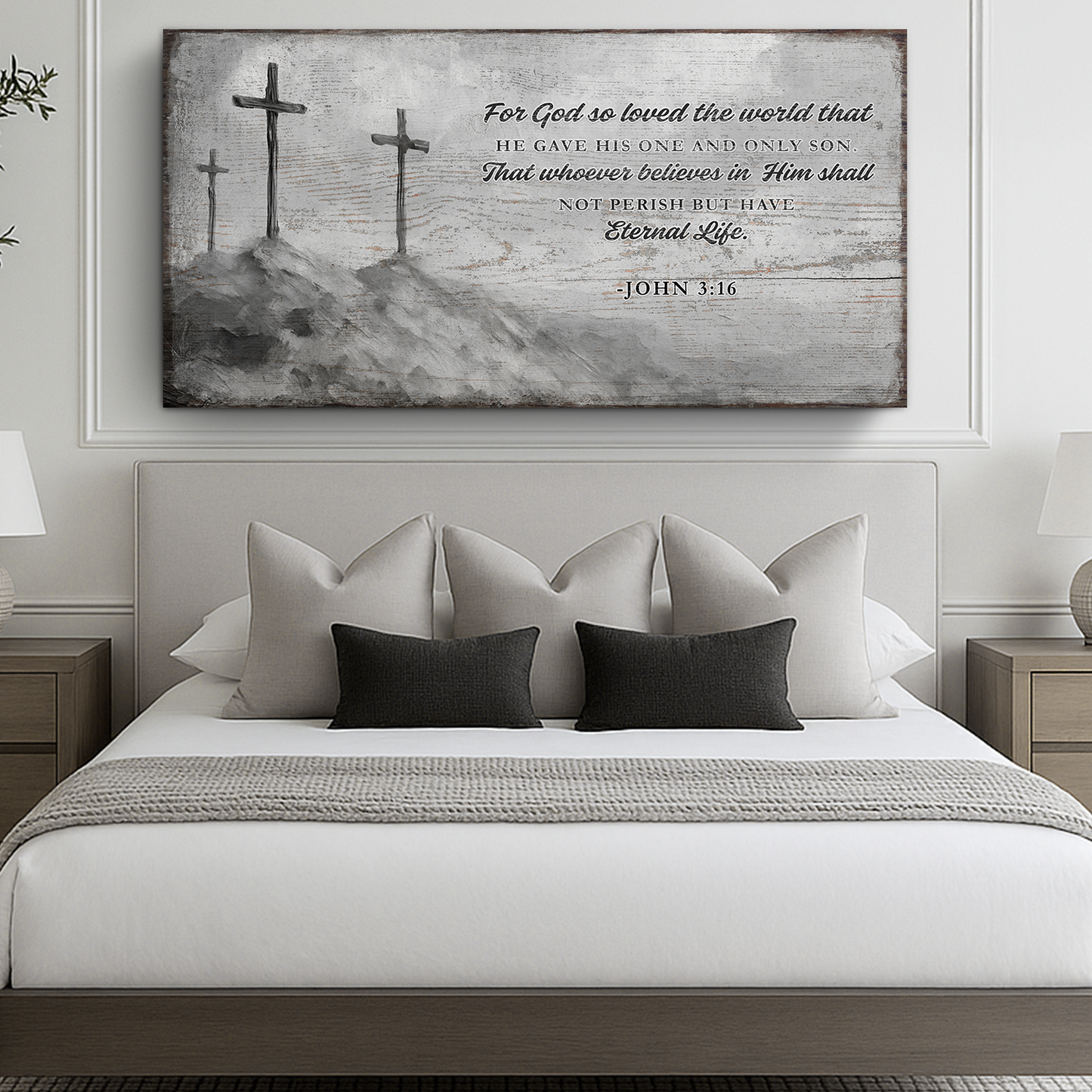 John 3:16 faith sign VIII canvas wall art by Tailored Canvases, three gray crosses on rocky hill on Tampa Home & Garden Store