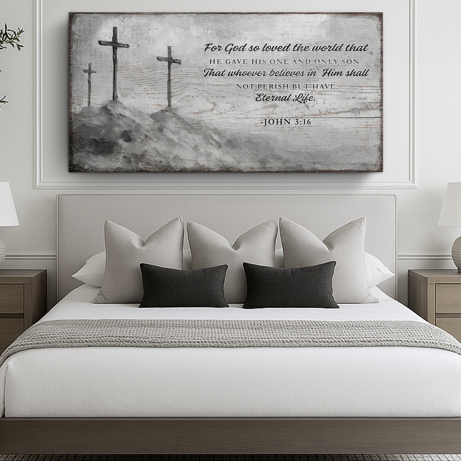 John 3:16 faith sign VIII canvas wall art by Tailored Canvases, three gray crosses on rocky hill on Tampa Home & Garden Store