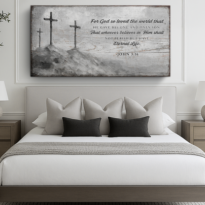 John 3:16 faith sign VIII canvas wall art by Tailored Canvases, three gray crosses on rocky hill on Tampa Home & Garden Store