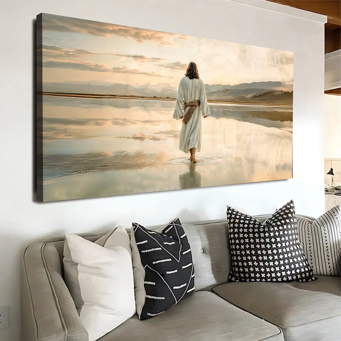 Reflections Faith Wall Art IX canvas Tailored Canvases, figure walking on sunrise water on Tampa Home & Garden Store