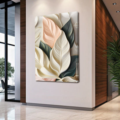 Elegant 3D pastel leaf canvas by Tailored Canvases with cream peach sage leaves on Tampa Home & Garden Store