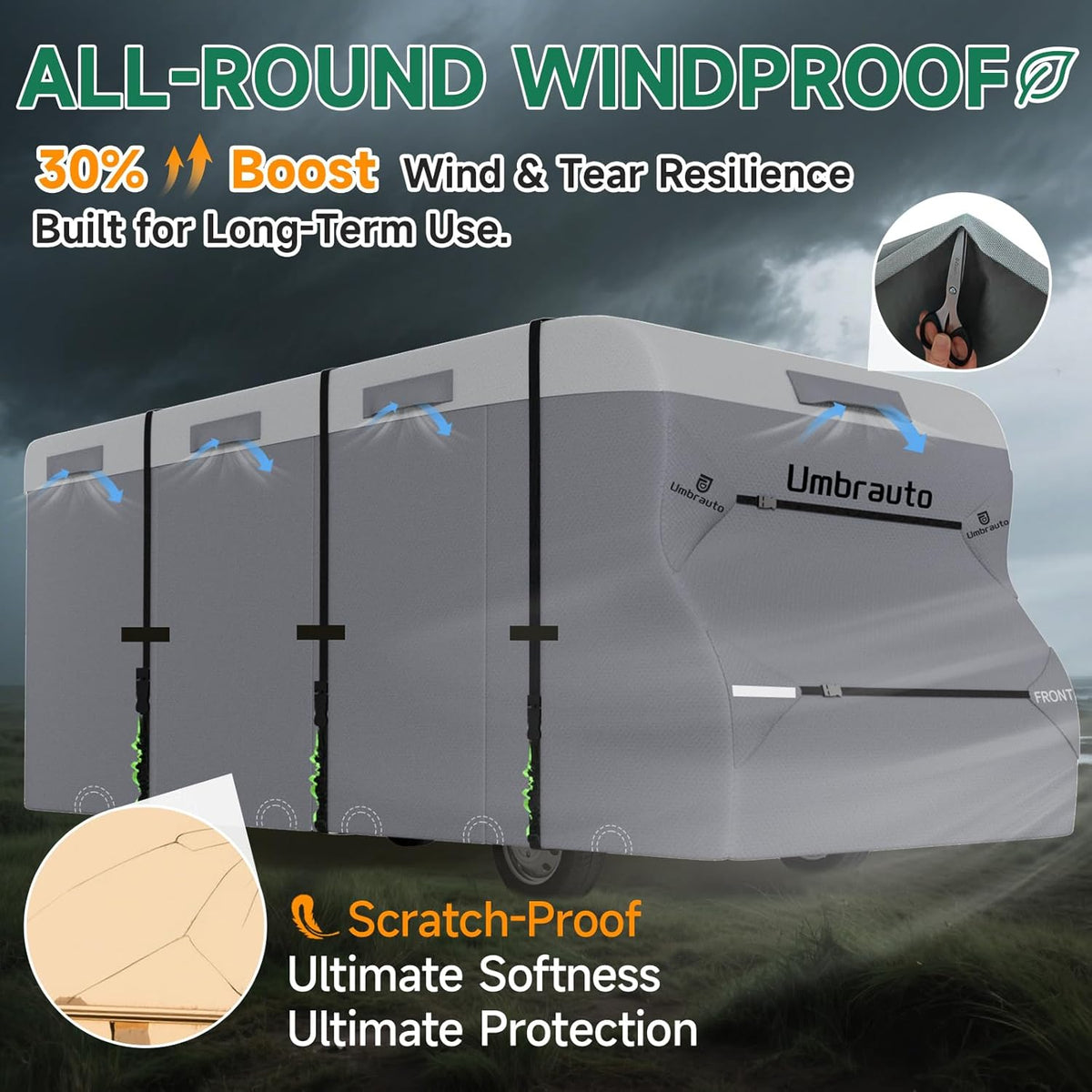 Umbrauto Class C gray RV cover, 7-layer motorhome with anti-UV top panel and strap system on Tampa Home & Garden Store