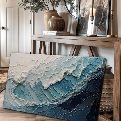 Ocean's Embrace Seascape Canvas 3 by Tailored Canvases in blue gradient textured waves on Tampa Home & Garden Store