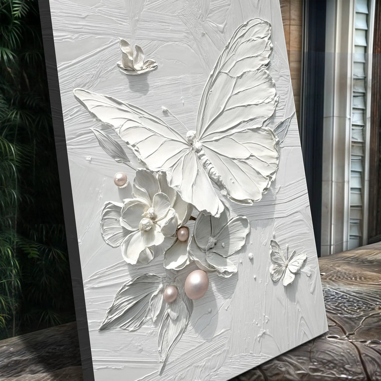 White Butterfly Wall Art canvas by Tailored Canvases with raised floral relief on canvas on Tampa Home & Garden Store