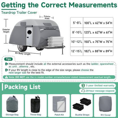 Umbrauto 7-Layer Teardrop Travel Trailer Cover in gray over camper with door and spare tire rack on Tampa Home & Garden Store