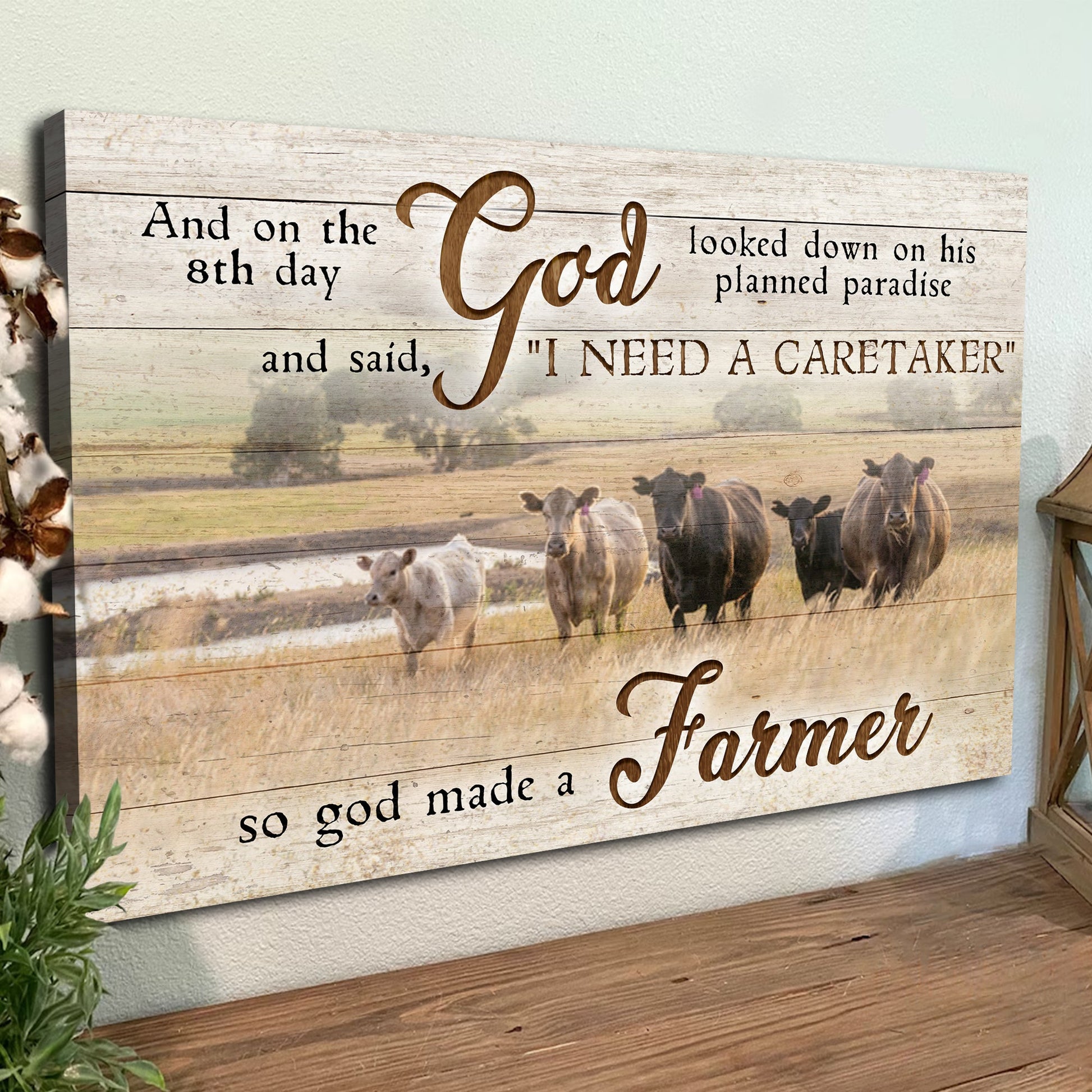 Canvas sign On The 8th Day God Made A Farmer Sign III with distressed wood backdrop and cows on Tampa Home & Garden Store