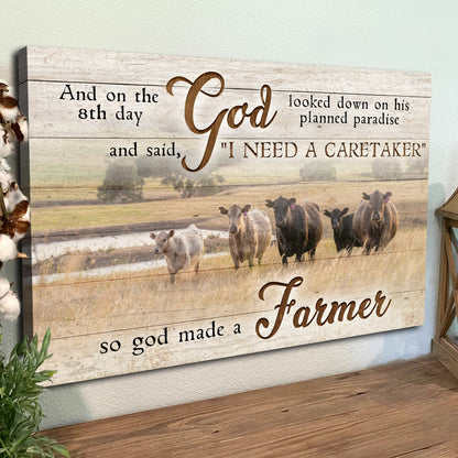Canvas sign On The 8th Day God Made A Farmer Sign III with distressed wood backdrop and cows on Tampa Home & Garden Store
