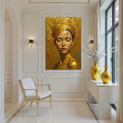 Woman's Golden Serenity Wall Art canvas by Tailored Canvases; serene portrait with gold halo on Tampa Home & Garden Store
