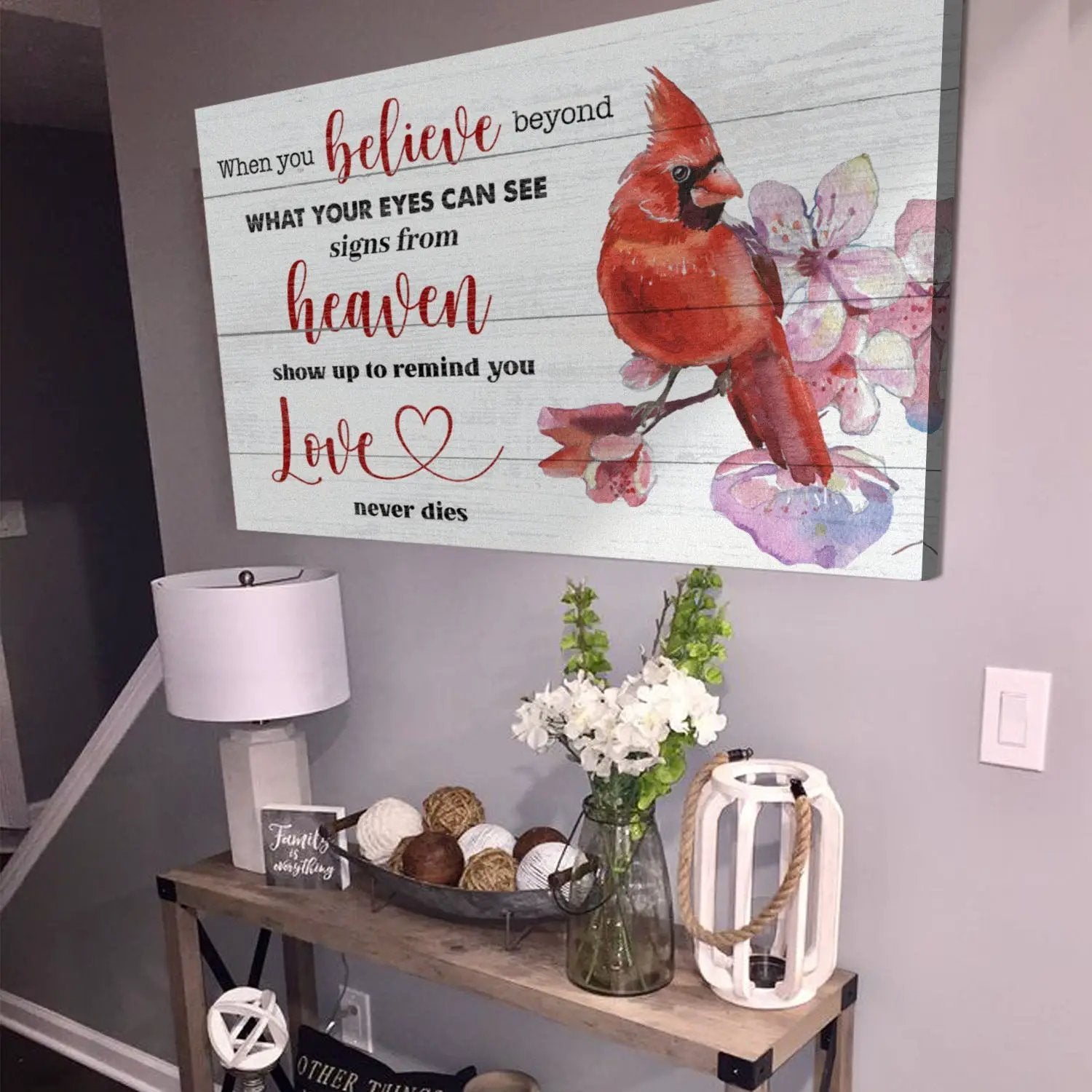 Canvas by Tailored Canvases featuring a red cardinal and pink flowers on white wood planks on Tampa Home & Garden Store