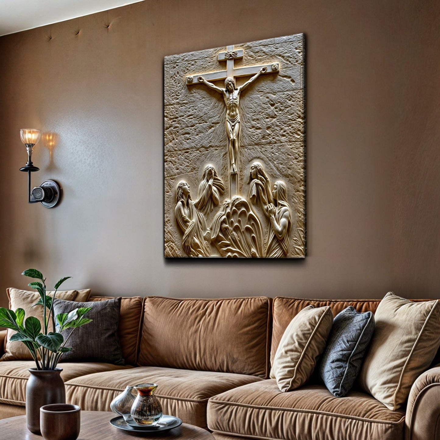 Three Cross Calvary Hill canvas wall art by Tailored Canvases with beige stone relief on Tampa Home & Garden Store