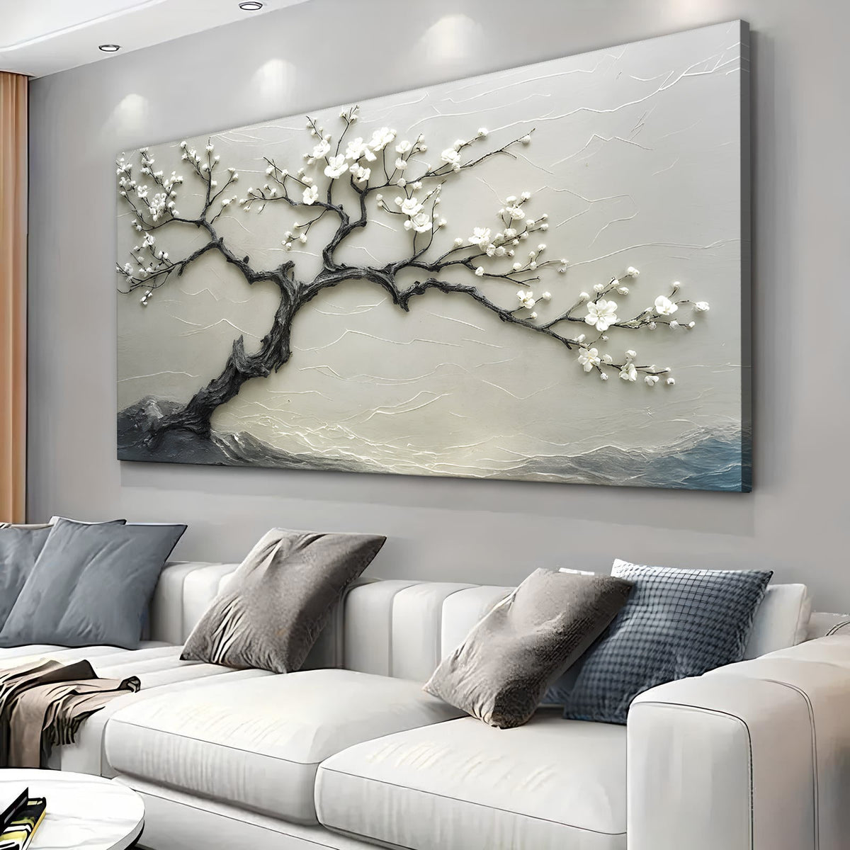 Silent Blossom Wall Art canvas tree branch with white blossoms on backdrop TailoredCanvases on Tampa Home & Garden Store