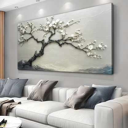 Silent Blossom Wall Art canvas tree branch with white blossoms on backdrop TailoredCanvases on Tampa Home & Garden Store
