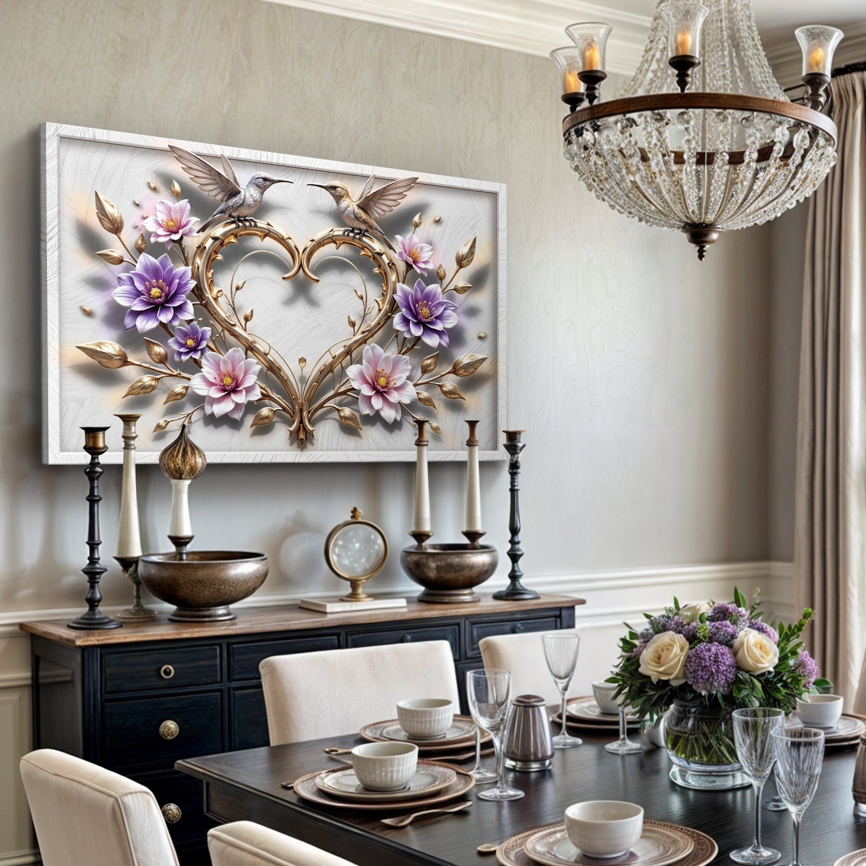 3D hummingbirds wall art canvas with golden heart frame and purple flowers by Tailored Canvases on Tampa Home & Garden Store