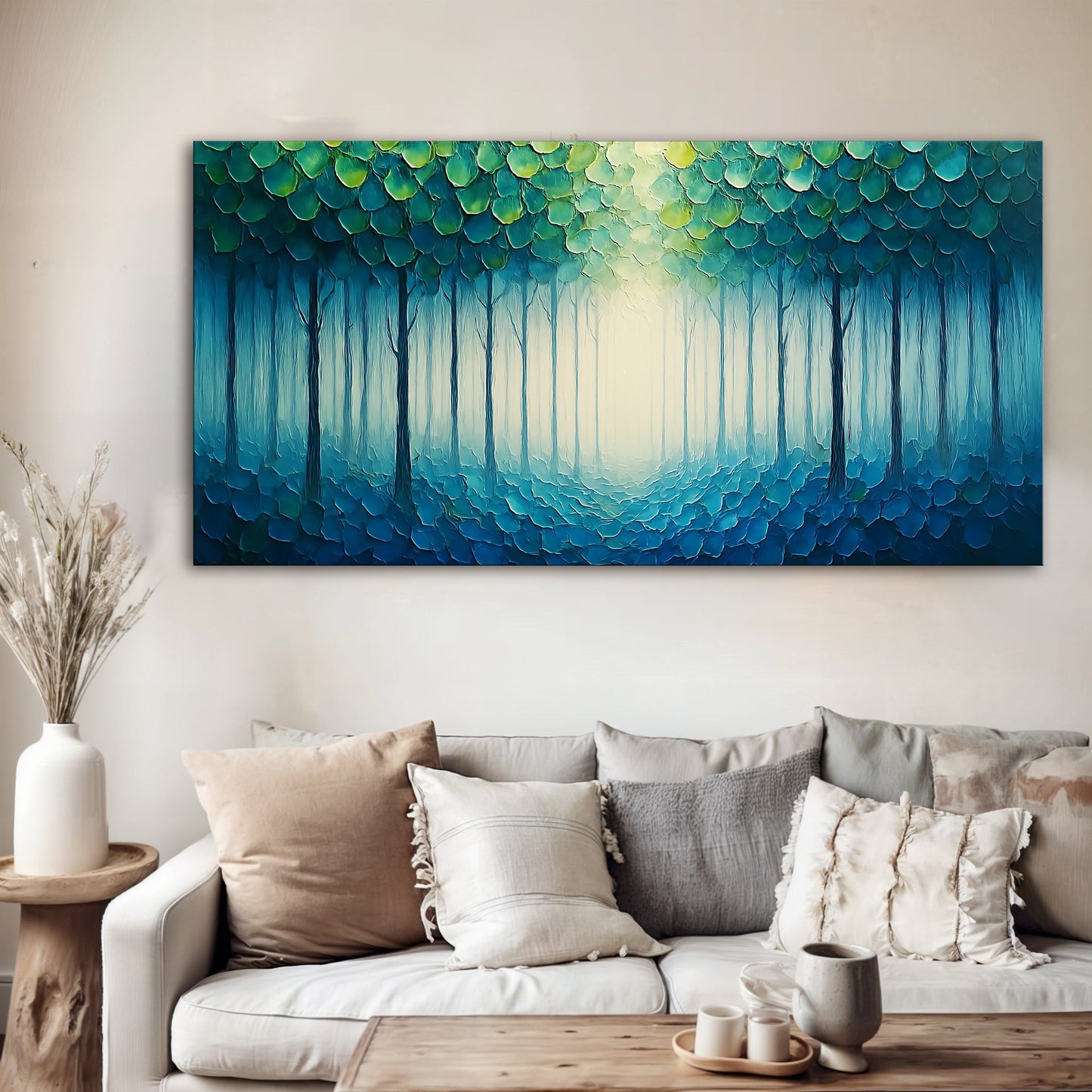 Forest Whispers Impasto Canvas wall art with teal-green canopy and dark trunks on Tampa Home & Garden Store