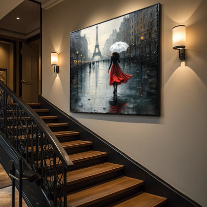 Paris Stroll Canvas by Tailored Canvases: rainy Paris street near Eiffel Tower and red dress on Tampa Home & Garden Store