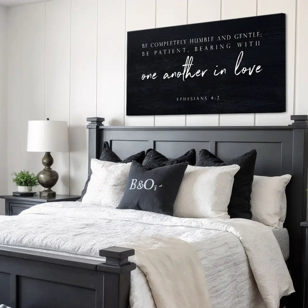 Canvas wall art sign in black with white script Ephesians 4:2 on Tampa Home & Garden Store