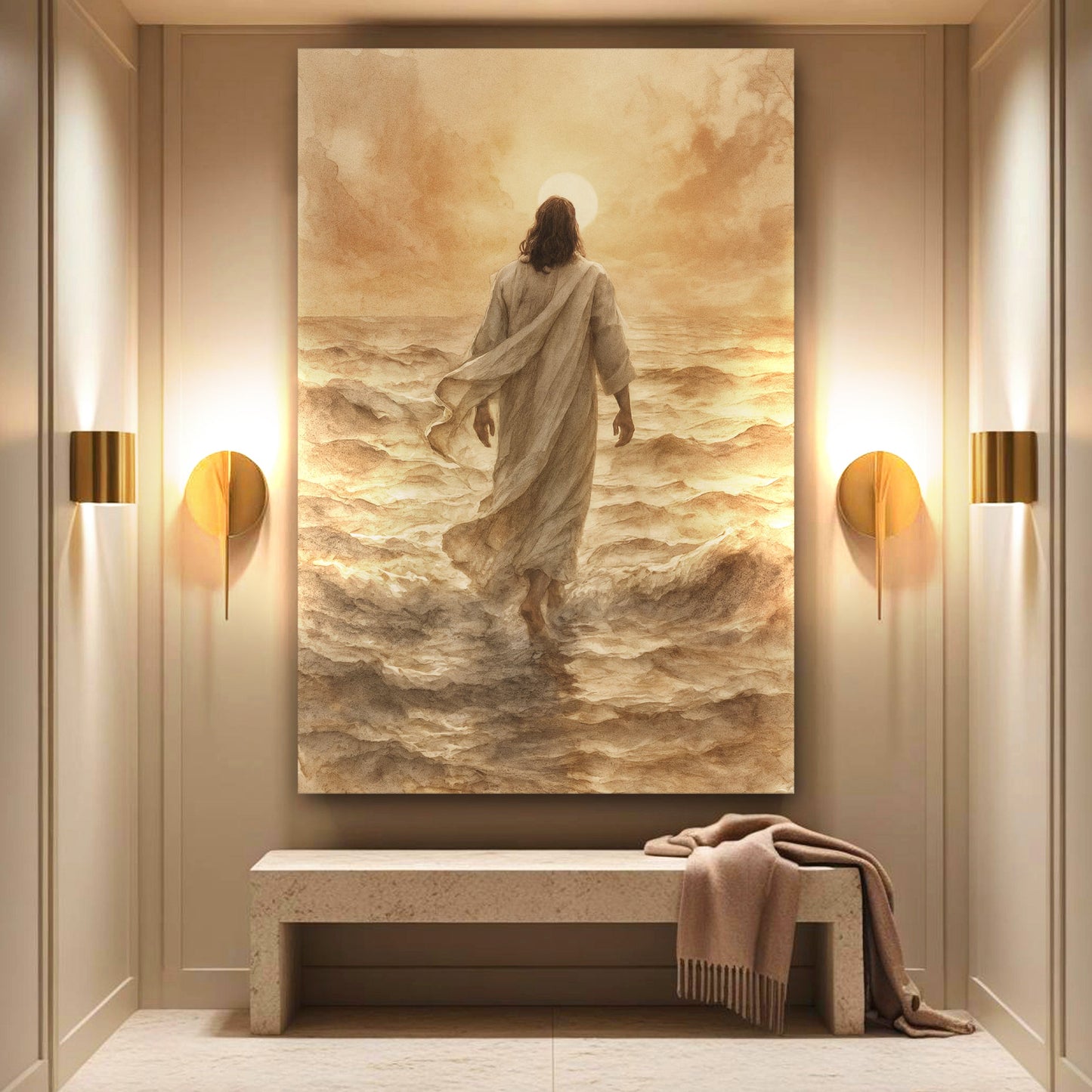Canvas wall art Tailored Canvases Jesus Christ Walking On Water Faith VI in sepia tones back view on Tampa Home & Garden Store