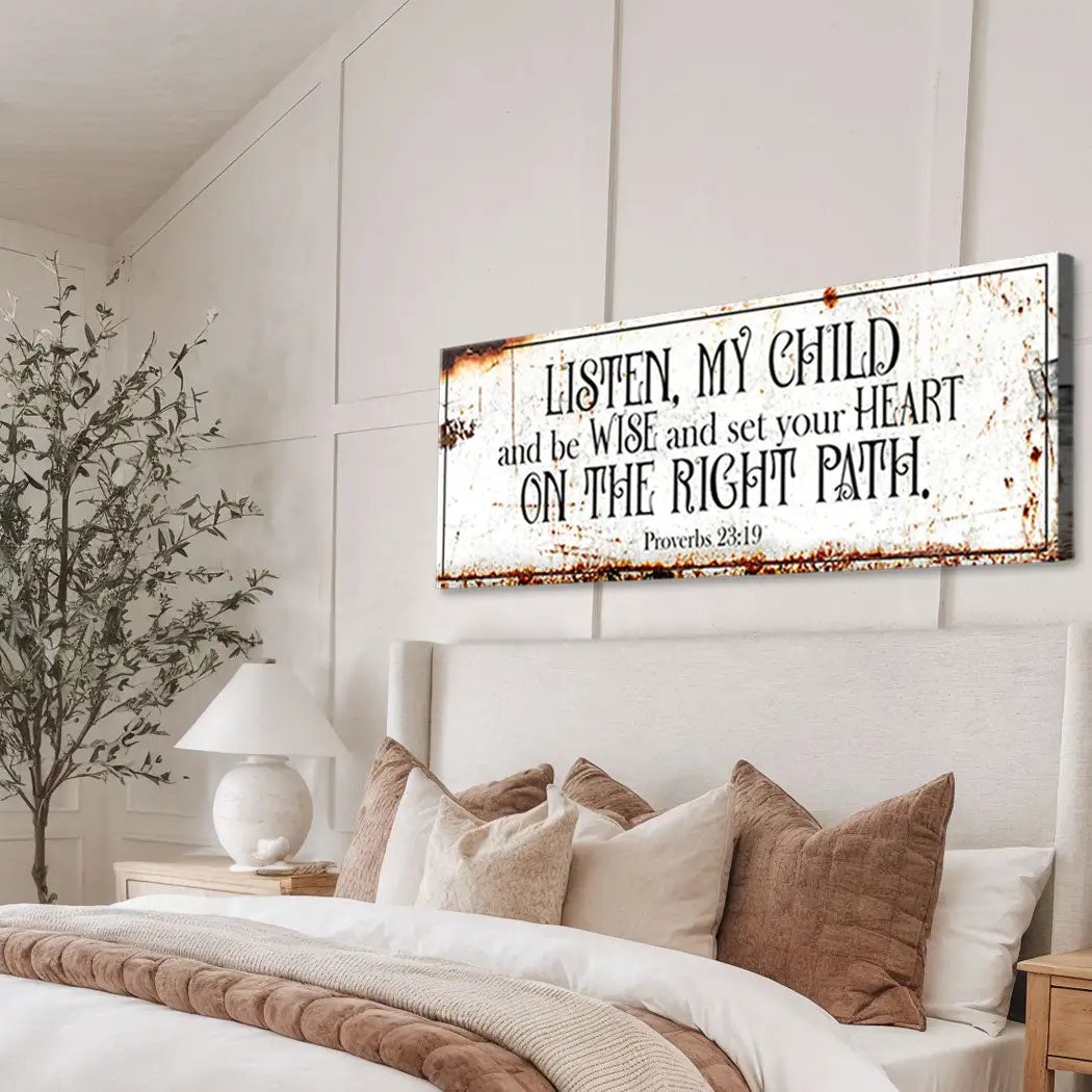 Proverbs 23:19 faith sign canvas, distressed white with rust edges, Tailored Canvases bedroom on Tampa Home & Garden Store