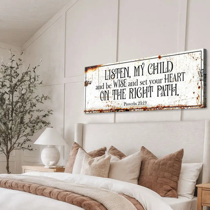 Proverbs 23:19 faith sign canvas, distressed white with rust edges, Tailored Canvases bedroom on Tampa Home & Garden Store