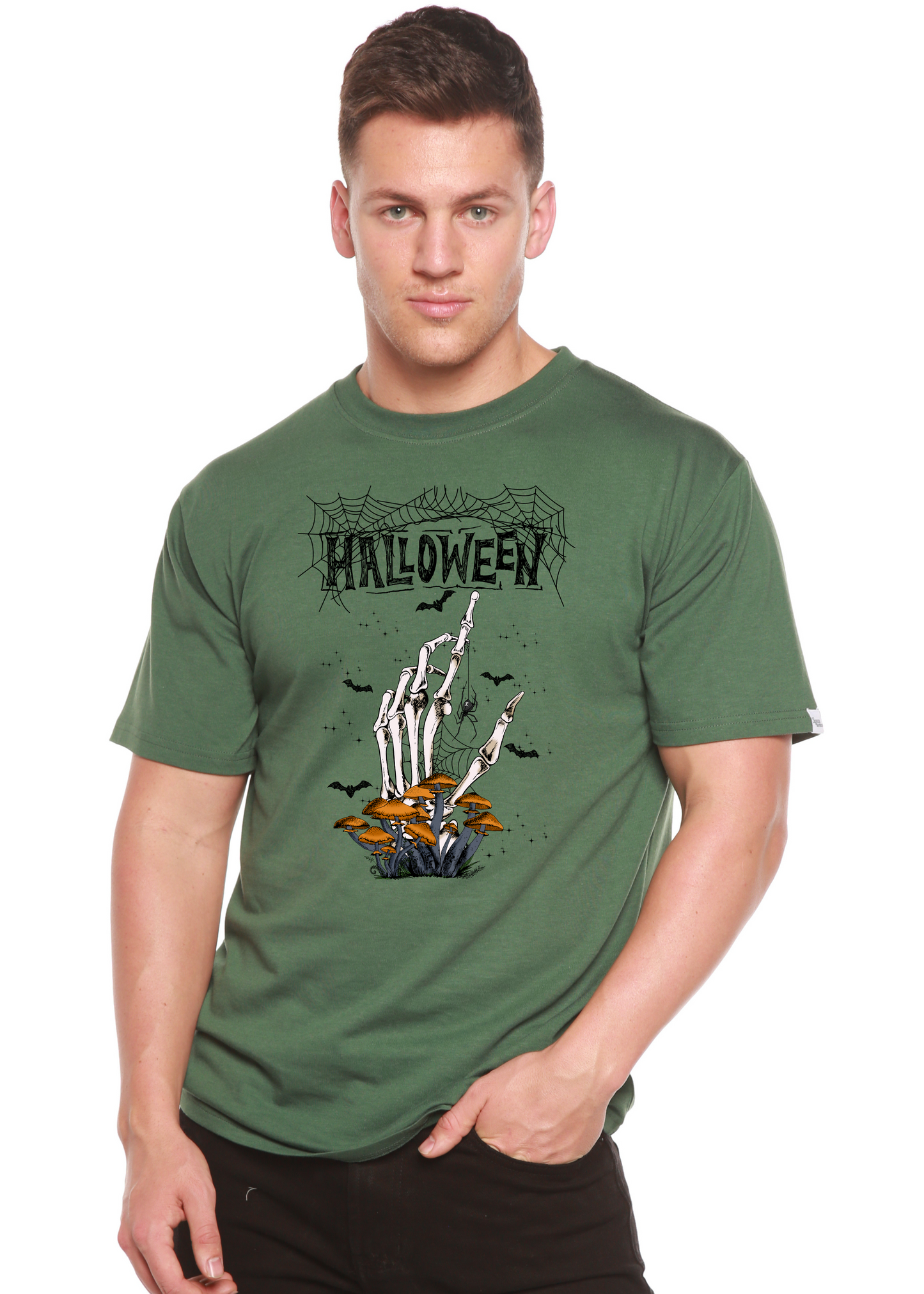 Halloween men's bamboo tee olive green with skeleton hand and orange mushrooms Spun Bamboo on Tampa Home & Garden Store