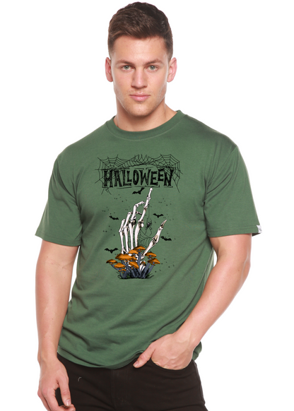 Halloween men's bamboo tee olive green with skeleton hand and orange mushrooms Spun Bamboo on Tampa Home & Garden Store