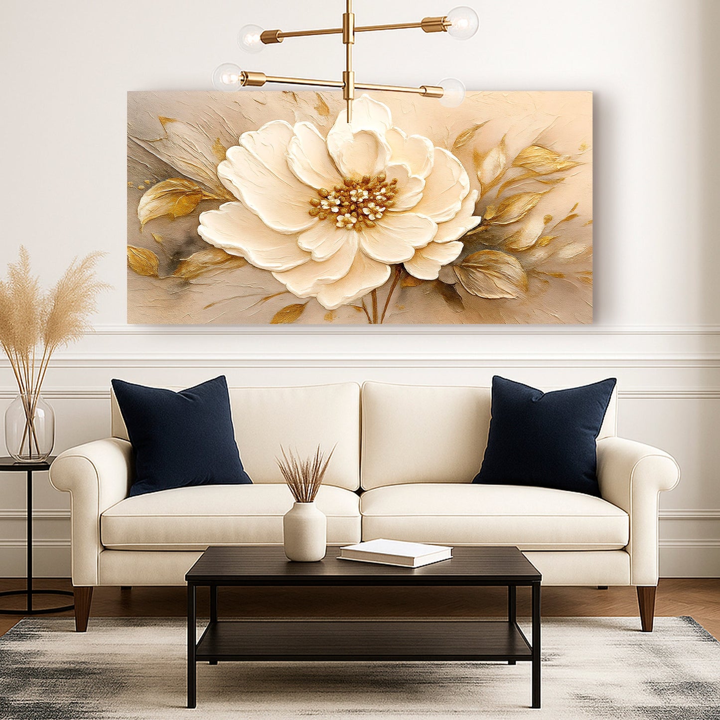 Minimalist Wall Art X canvas Tailored Canvases with cream flower and gold accents on beige on Tampa Home & Garden Store