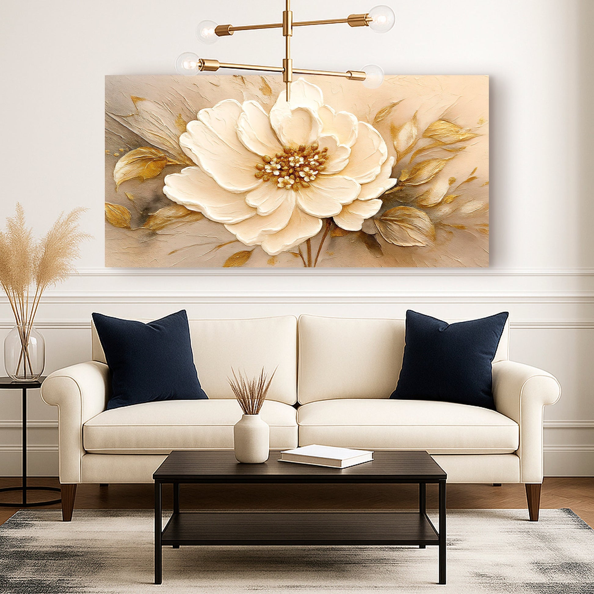 Minimalist Wall Art X canvas Tailored Canvases with cream flower and gold accents on beige on Tampa Home & Garden Store